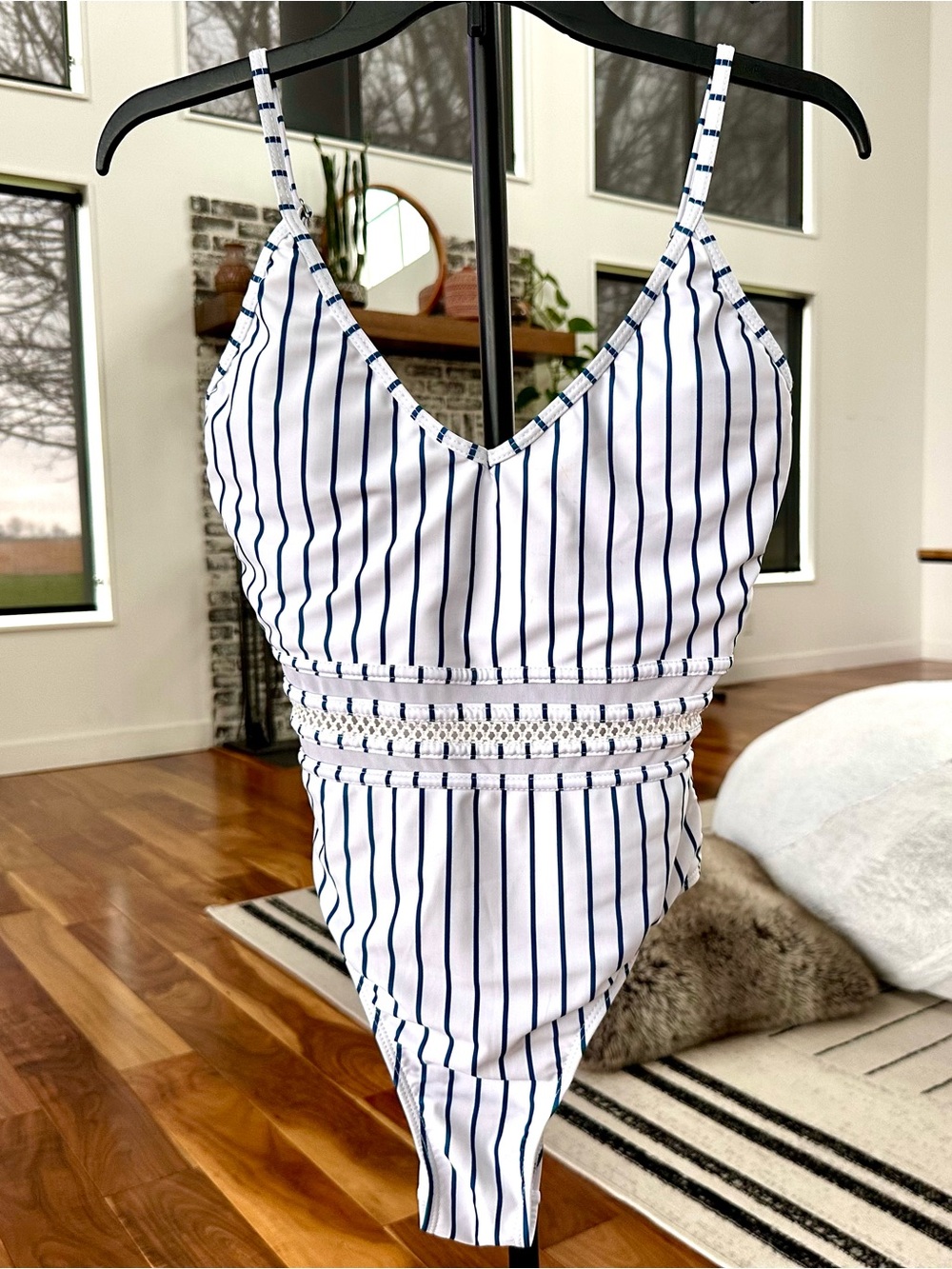 Striped White & Navy One-Piece Swimsuit